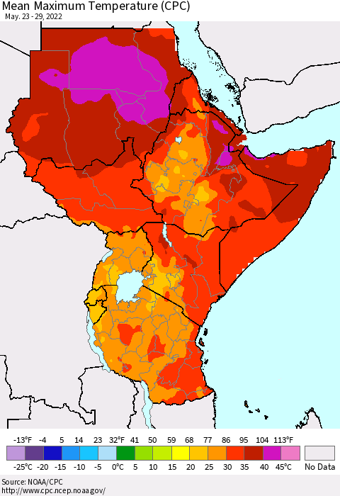 Eastern Africa Mean Maximum Temperature (CPC) Thematic Map For 5/23/2022 - 5/29/2022