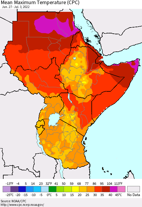 Eastern Africa Mean Maximum Temperature (CPC) Thematic Map For 6/27/2022 - 7/3/2022