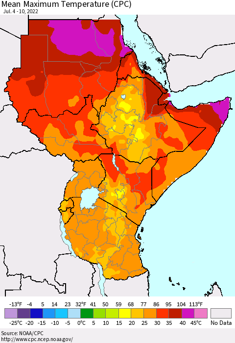 Eastern Africa Mean Maximum Temperature (CPC) Thematic Map For 7/4/2022 - 7/10/2022