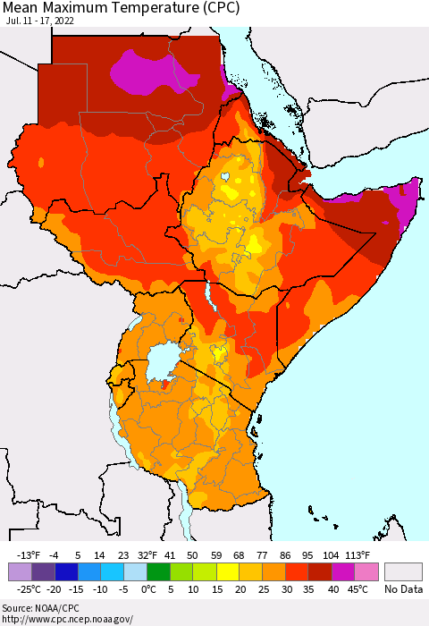 Eastern Africa Mean Maximum Temperature (CPC) Thematic Map For 7/11/2022 - 7/17/2022