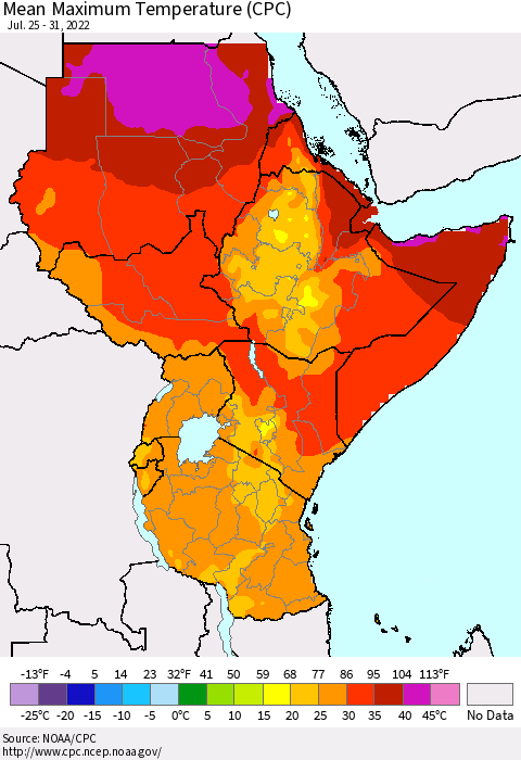 Eastern Africa Mean Maximum Temperature (CPC) Thematic Map For 7/25/2022 - 7/31/2022