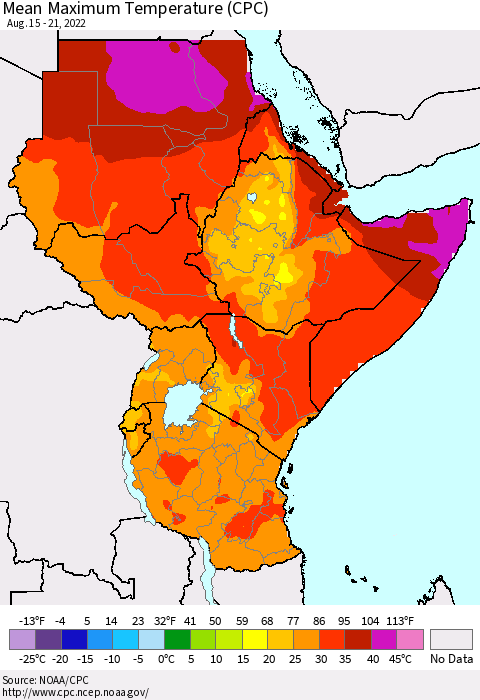 Eastern Africa Mean Maximum Temperature (CPC) Thematic Map For 8/15/2022 - 8/21/2022