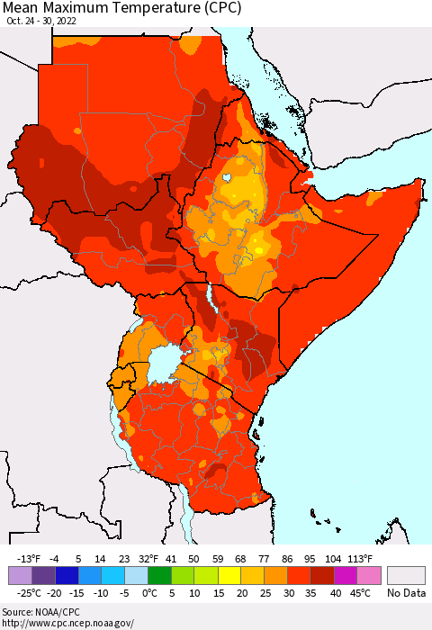 Eastern Africa Mean Maximum Temperature (CPC) Thematic Map For 10/24/2022 - 10/30/2022
