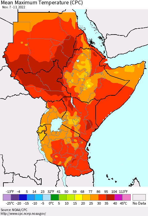 Eastern Africa Mean Maximum Temperature (CPC) Thematic Map For 11/7/2022 - 11/13/2022