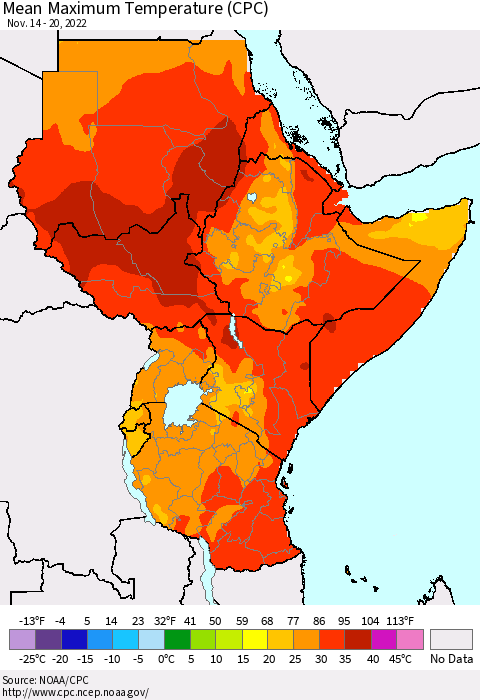 Eastern Africa Mean Maximum Temperature (CPC) Thematic Map For 11/14/2022 - 11/20/2022