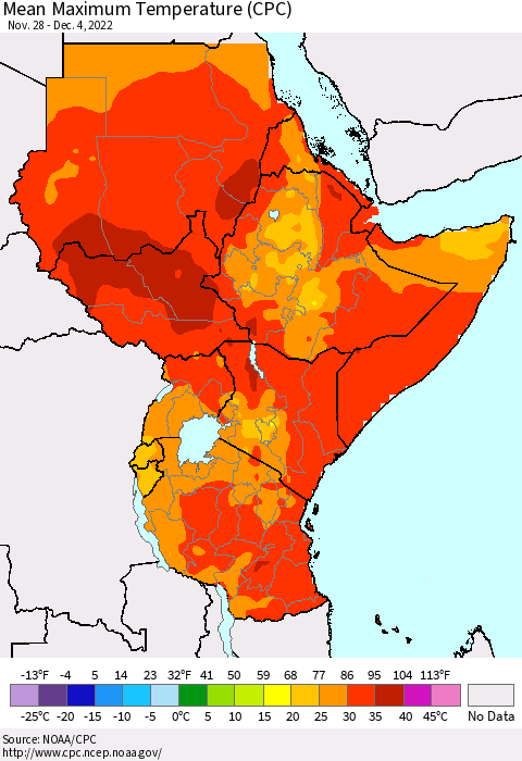 Eastern Africa Mean Maximum Temperature (CPC) Thematic Map For 11/28/2022 - 12/4/2022
