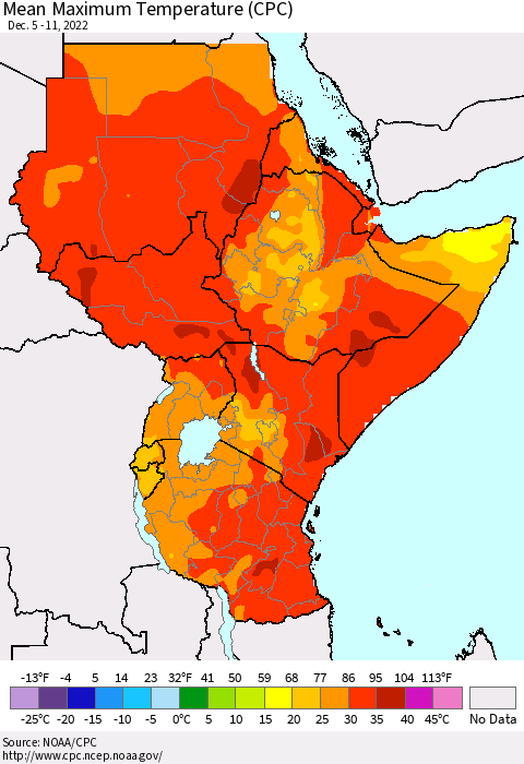 Eastern Africa Mean Maximum Temperature (CPC) Thematic Map For 12/5/2022 - 12/11/2022