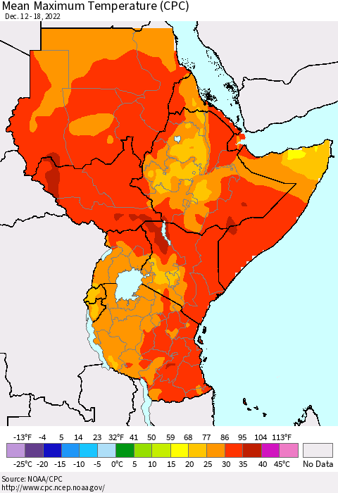 Eastern Africa Mean Maximum Temperature (CPC) Thematic Map For 12/12/2022 - 12/18/2022