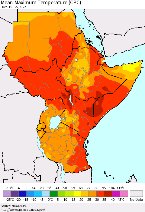 Eastern Africa Mean Maximum Temperature (CPC) Thematic Map For 12/19/2022 - 12/25/2022