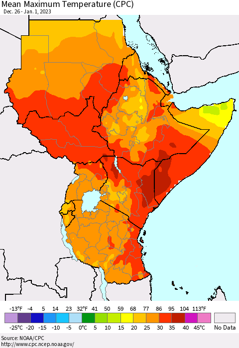 Eastern Africa Mean Maximum Temperature (CPC) Thematic Map For 12/26/2022 - 1/1/2023