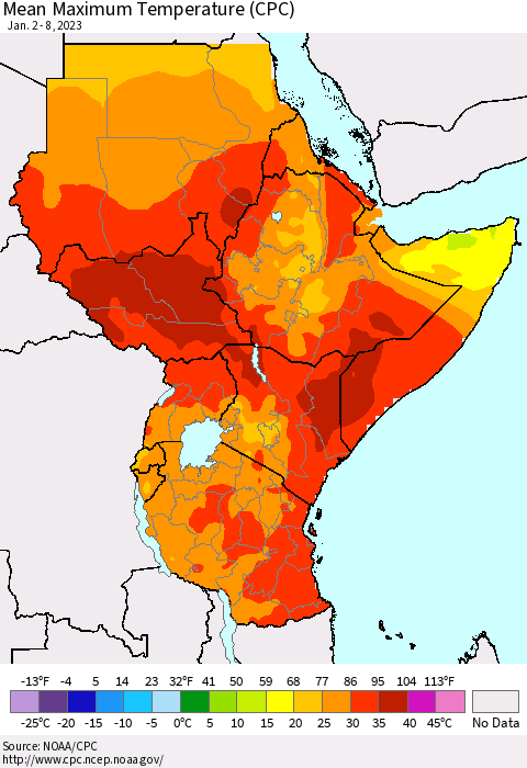 Eastern Africa Mean Maximum Temperature (CPC) Thematic Map For 1/2/2023 - 1/8/2023