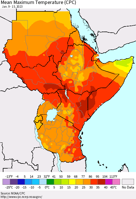 Eastern Africa Mean Maximum Temperature (CPC) Thematic Map For 1/9/2023 - 1/15/2023