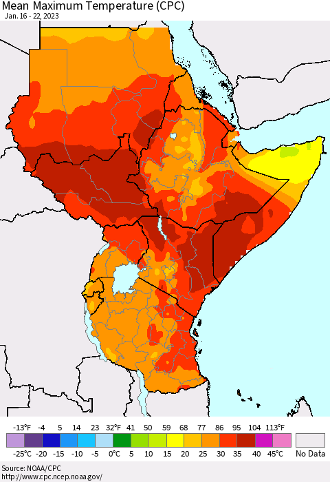 Eastern Africa Mean Maximum Temperature (CPC) Thematic Map For 1/16/2023 - 1/22/2023