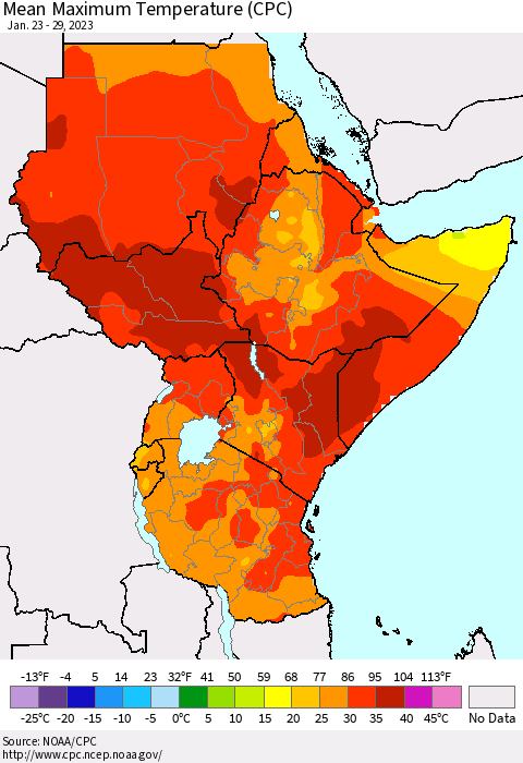 Eastern Africa Mean Maximum Temperature (CPC) Thematic Map For 1/23/2023 - 1/29/2023
