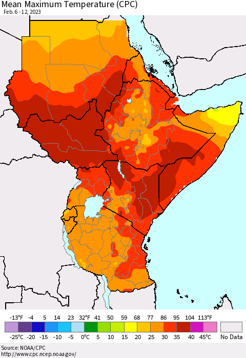 Eastern Africa Mean Maximum Temperature (CPC) Thematic Map For 2/6/2023 - 2/12/2023