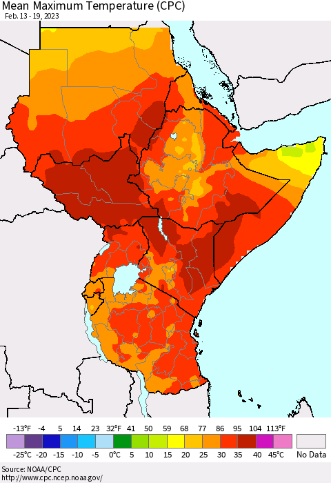 Eastern Africa Mean Maximum Temperature (CPC) Thematic Map For 2/13/2023 - 2/19/2023