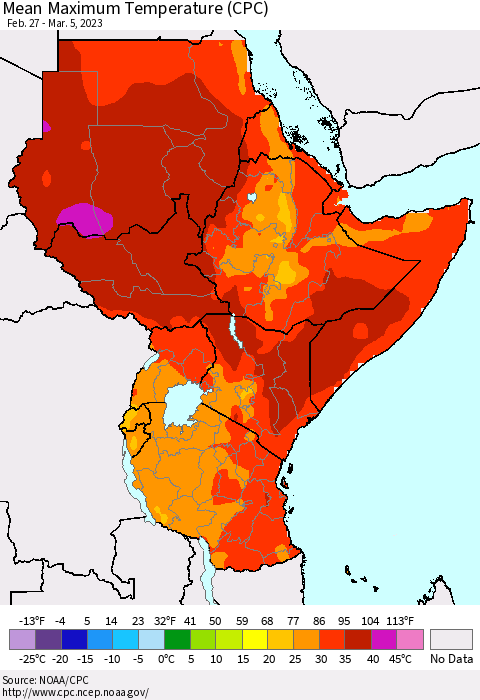 Eastern Africa Mean Maximum Temperature (CPC) Thematic Map For 2/27/2023 - 3/5/2023
