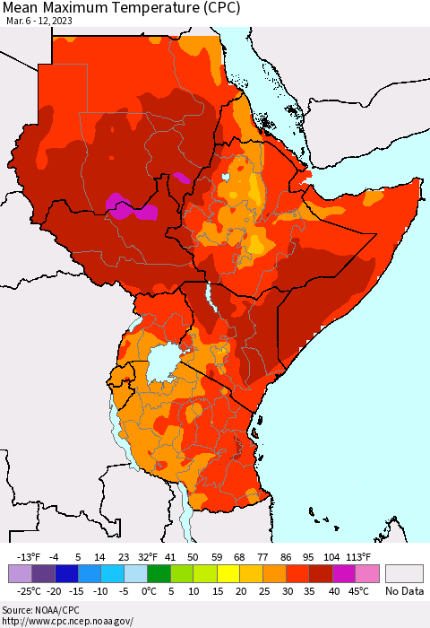 Eastern Africa Mean Maximum Temperature (CPC) Thematic Map For 3/6/2023 - 3/12/2023