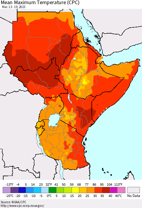 Eastern Africa Mean Maximum Temperature (CPC) Thematic Map For 3/13/2023 - 3/19/2023
