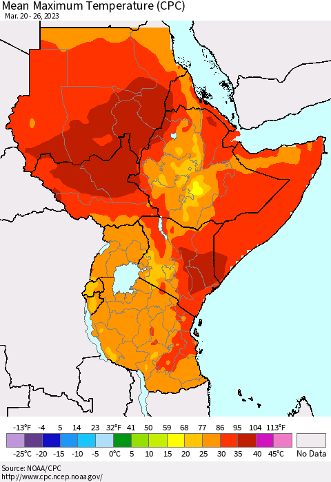 Eastern Africa Mean Maximum Temperature (CPC) Thematic Map For 3/20/2023 - 3/26/2023