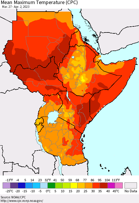 Eastern Africa Mean Maximum Temperature (CPC) Thematic Map For 3/27/2023 - 4/2/2023