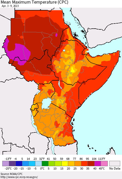 Eastern Africa Mean Maximum Temperature (CPC) Thematic Map For 4/3/2023 - 4/9/2023