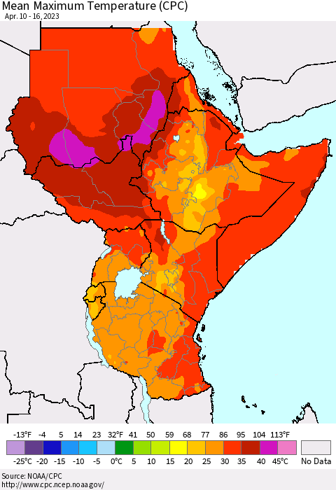 Eastern Africa Mean Maximum Temperature (CPC) Thematic Map For 4/10/2023 - 4/16/2023