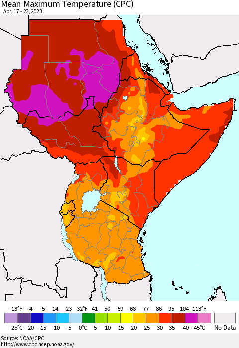Eastern Africa Mean Maximum Temperature (CPC) Thematic Map For 4/17/2023 - 4/23/2023
