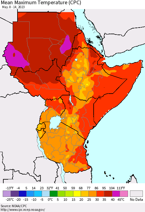 Eastern Africa Mean Maximum Temperature (CPC) Thematic Map For 5/8/2023 - 5/14/2023