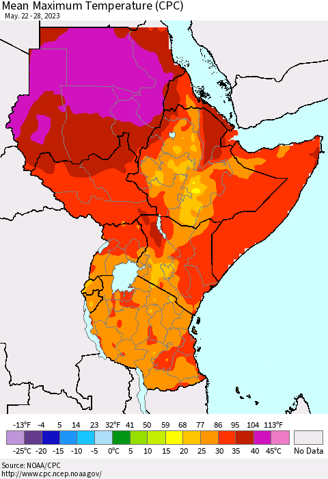 Eastern Africa Mean Maximum Temperature (CPC) Thematic Map For 5/22/2023 - 5/28/2023