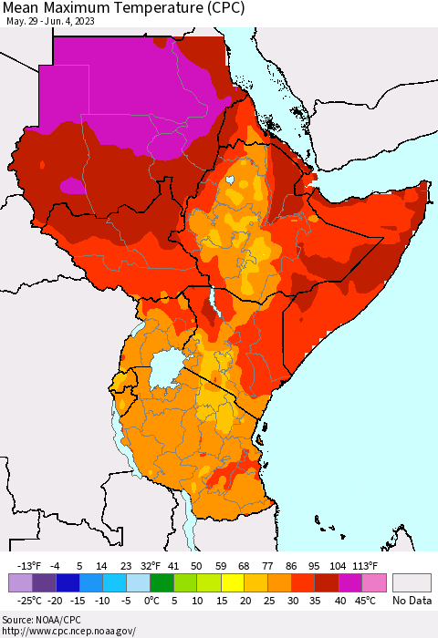 Eastern Africa Mean Maximum Temperature (CPC) Thematic Map For 5/29/2023 - 6/4/2023