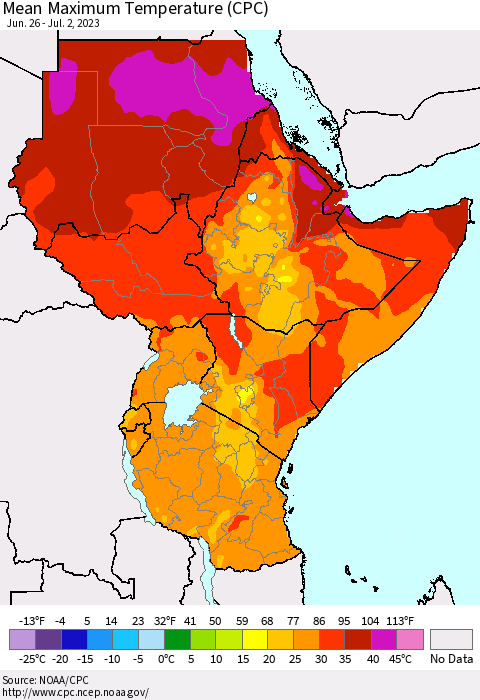 Eastern Africa Mean Maximum Temperature (CPC) Thematic Map For 6/26/2023 - 7/2/2023