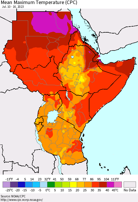 Eastern Africa Mean Maximum Temperature (CPC) Thematic Map For 7/10/2023 - 7/16/2023