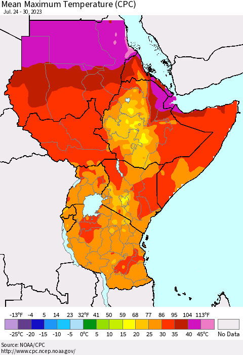 Eastern Africa Mean Maximum Temperature (CPC) Thematic Map For 7/24/2023 - 7/30/2023