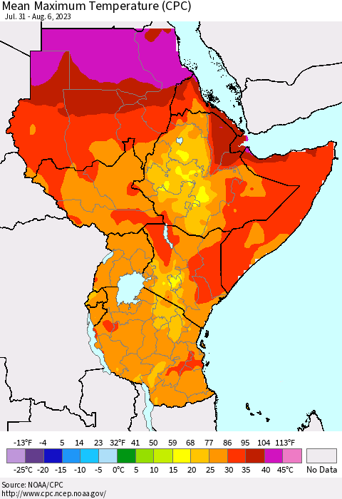 Eastern Africa Mean Maximum Temperature (CPC) Thematic Map For 7/31/2023 - 8/6/2023