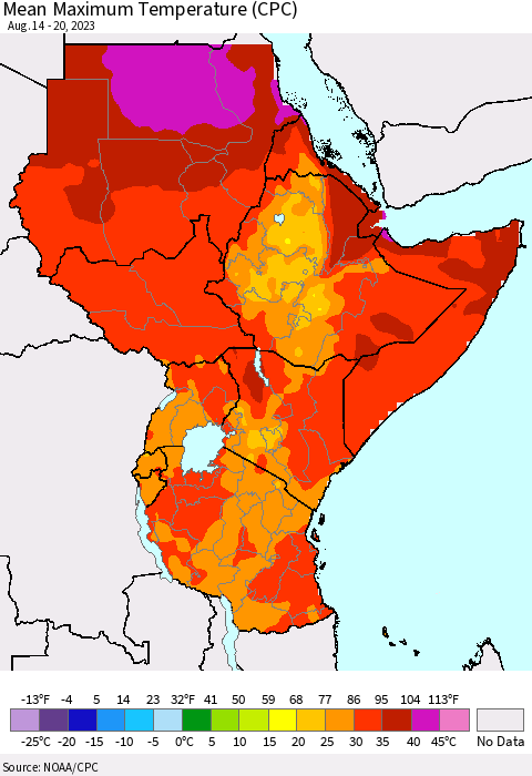 Eastern Africa Mean Maximum Temperature (CPC) Thematic Map For 8/14/2023 - 8/20/2023