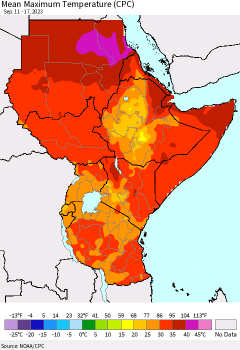 Eastern Africa Mean Maximum Temperature (CPC) Thematic Map For 9/11/2023 - 9/17/2023