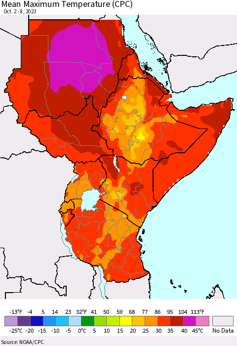 Eastern Africa Mean Maximum Temperature (CPC) Thematic Map For 10/2/2023 - 10/8/2023
