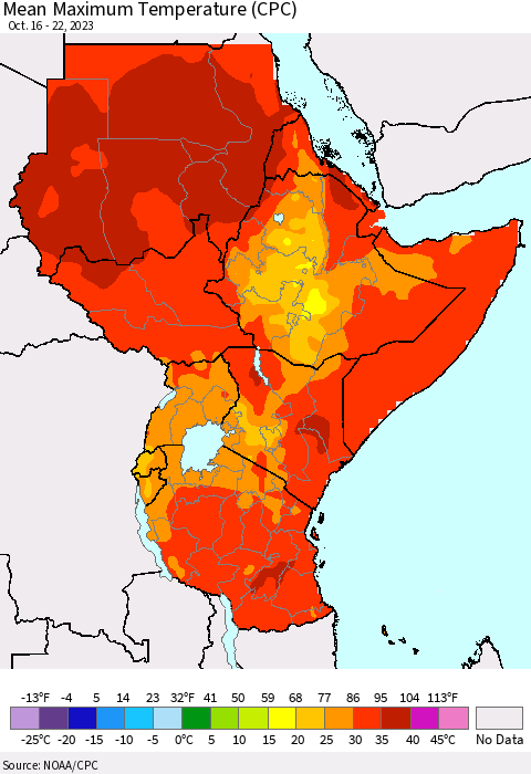 Eastern Africa Mean Maximum Temperature (CPC) Thematic Map For 10/16/2023 - 10/22/2023
