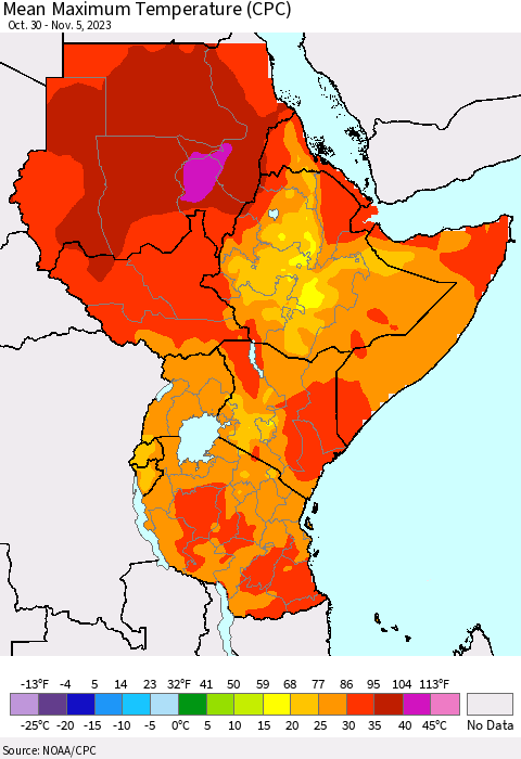Eastern Africa Mean Maximum Temperature (CPC) Thematic Map For 10/30/2023 - 11/5/2023