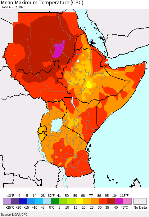 Eastern Africa Mean Maximum Temperature (CPC) Thematic Map For 11/6/2023 - 11/12/2023