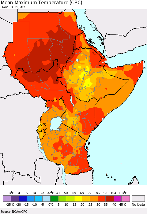 Eastern Africa Mean Maximum Temperature (CPC) Thematic Map For 11/13/2023 - 11/19/2023