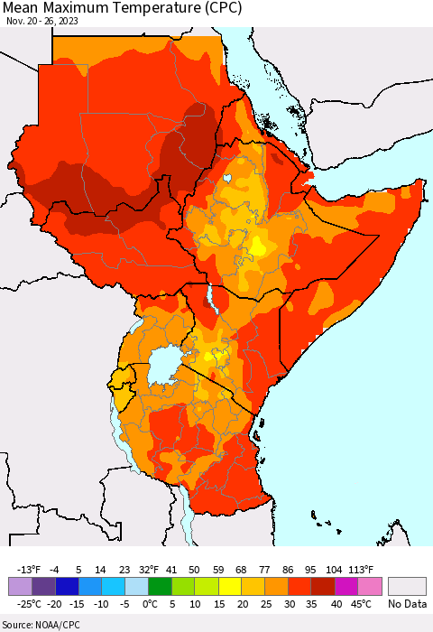 Eastern Africa Mean Maximum Temperature (CPC) Thematic Map For 11/20/2023 - 11/26/2023