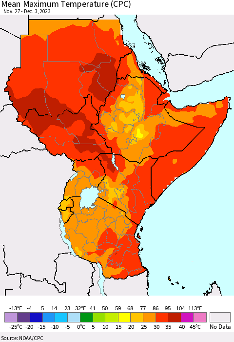 Eastern Africa Mean Maximum Temperature (CPC) Thematic Map For 11/27/2023 - 12/3/2023