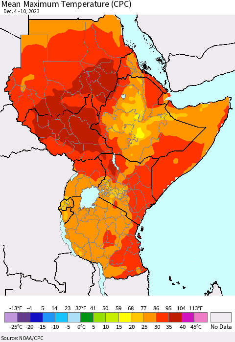 Eastern Africa Mean Maximum Temperature (CPC) Thematic Map For 12/4/2023 - 12/10/2023