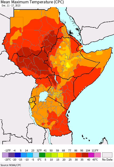Eastern Africa Mean Maximum Temperature (CPC) Thematic Map For 12/11/2023 - 12/17/2023