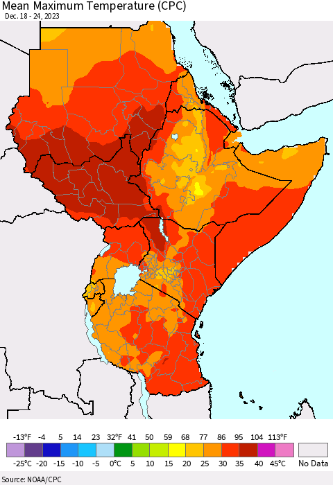 Eastern Africa Mean Maximum Temperature (CPC) Thematic Map For 12/18/2023 - 12/24/2023