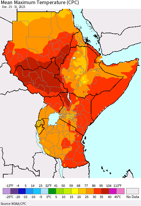 Eastern Africa Mean Maximum Temperature (CPC) Thematic Map For 12/25/2023 - 12/31/2023