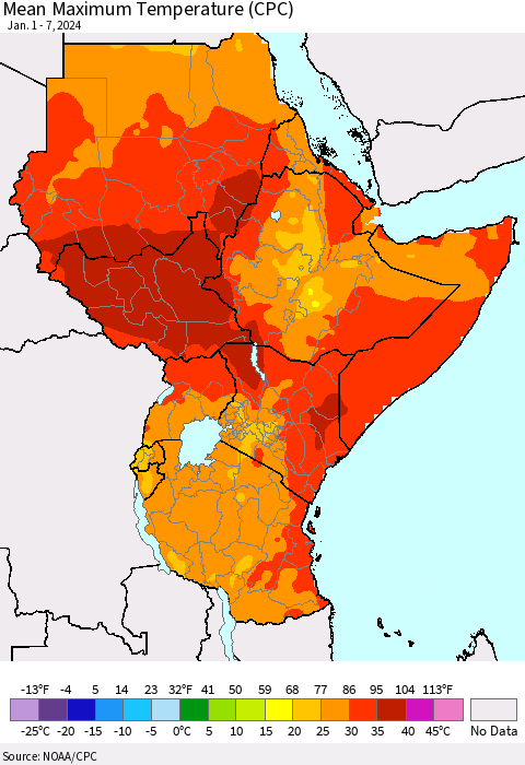 Eastern Africa Mean Maximum Temperature (CPC) Thematic Map For 1/1/2024 - 1/7/2024