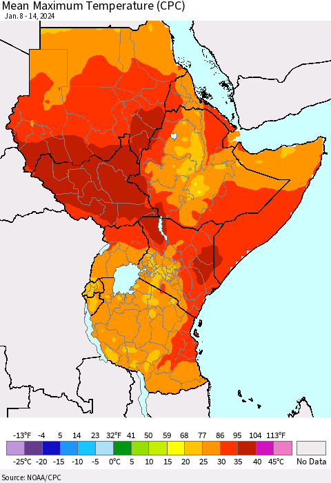 Eastern Africa Mean Maximum Temperature (CPC) Thematic Map For 1/8/2024 - 1/14/2024